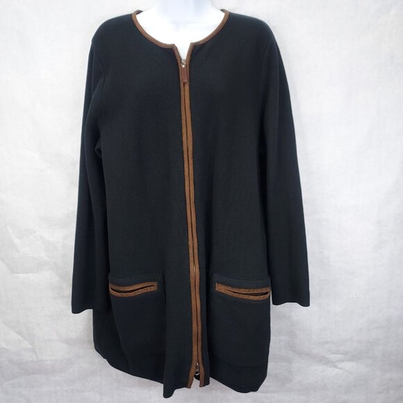 LRL Ralph Lauren Cardigan Women 1X Full Zip Cotton Sweater Black Knit Brown Trim - Picture 2 of 13